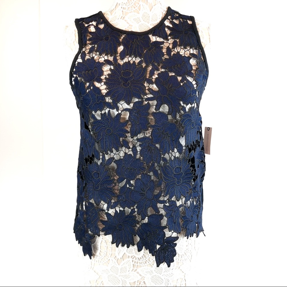 Anthropologie Lace Shell Top Blue Black postmark - Picture 2 of 8